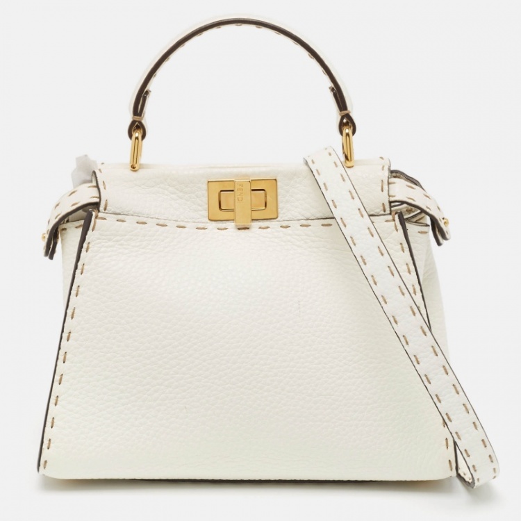 Pre Owned Fendi White Selleria Leather Mini Peekaboo Top Handle Bag