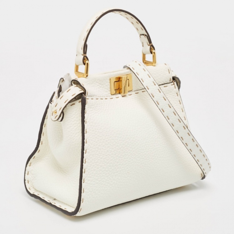 Pre Owned Fendi White Selleria Leather Mini Peekaboo Top Handle Bag