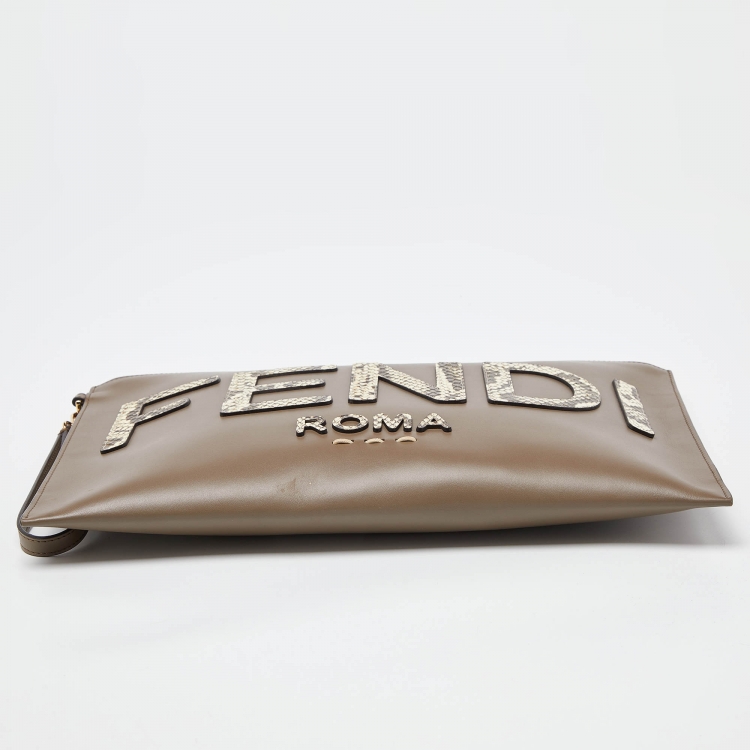 Pre Owned Fendi Beige Leather and Python Embossed Leather Roma Flat Wristlet Pouch