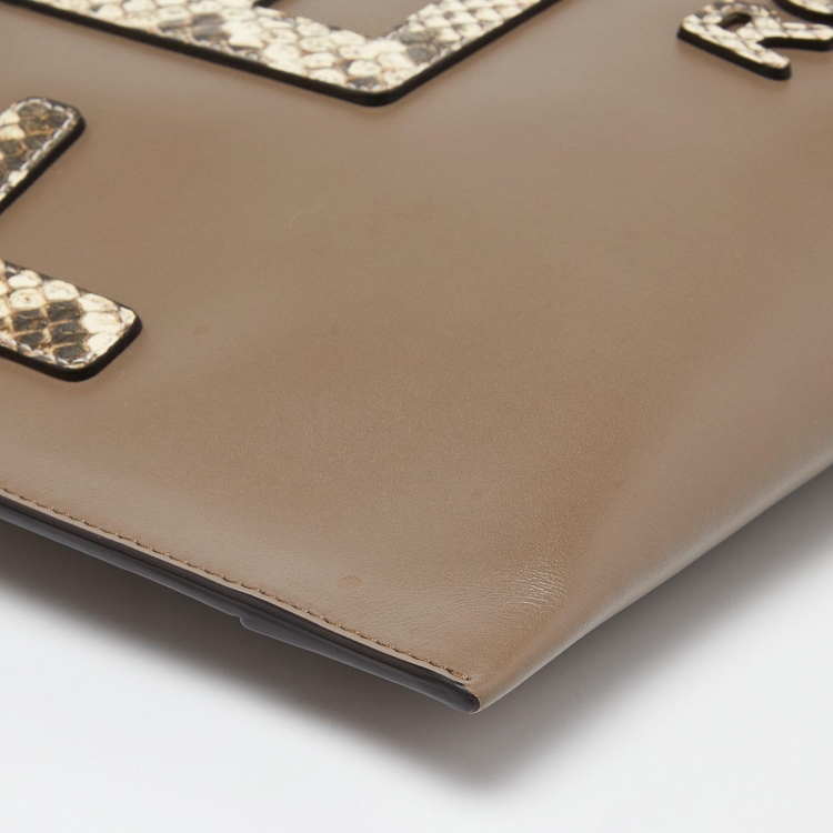 Pre Owned Fendi Beige Leather and Python Embossed Leather Roma Flat Wristlet Pouch