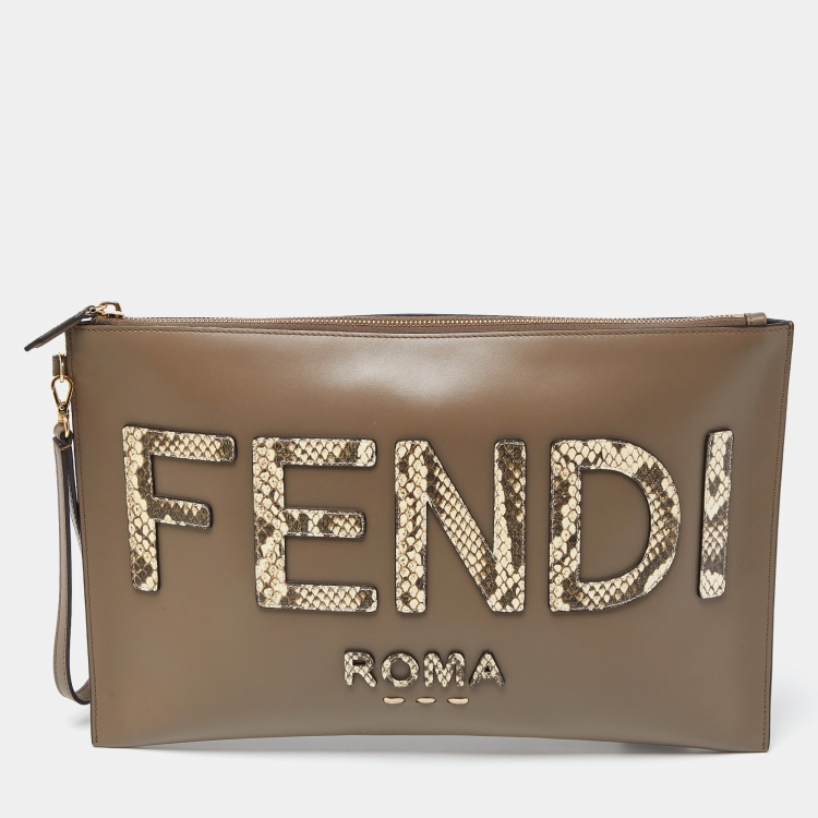 Pre Owned Fendi Beige Leather and Python Embossed Leather Roma Flat Wristlet Pouch