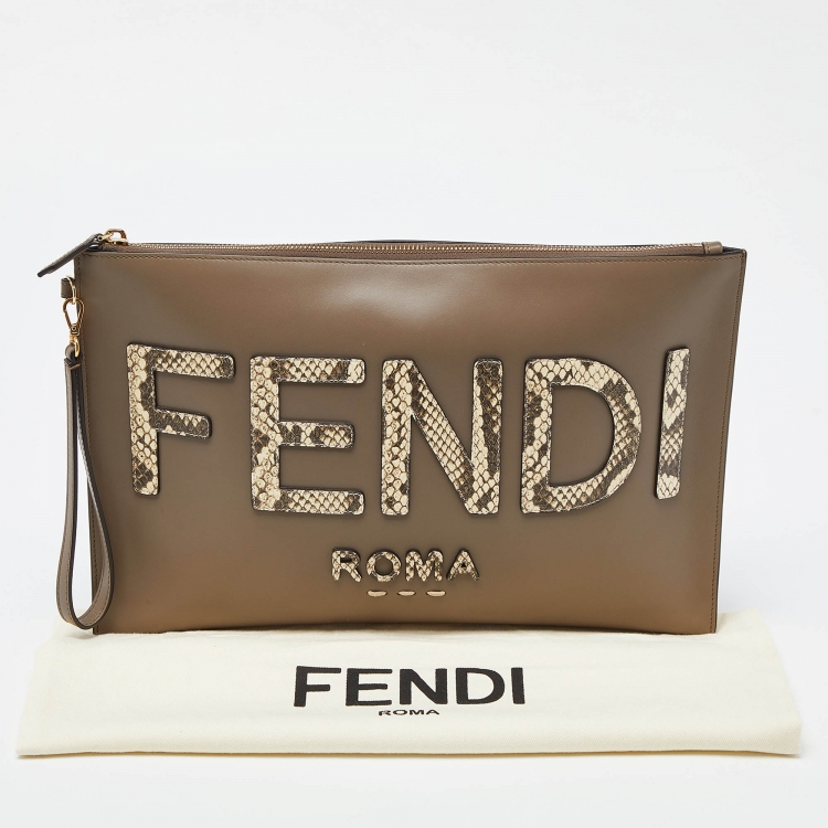 Pre Owned Fendi Beige Leather and Python Embossed Leather Roma Flat Wristlet Pouch