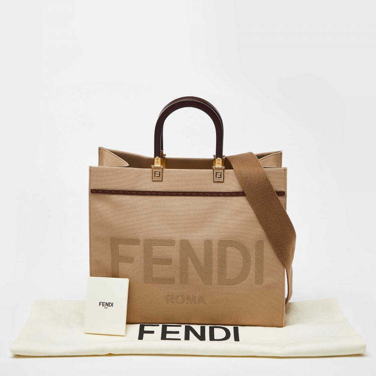 Pre Owned Fendi Beige/Brown Canvas and Leather Medium Sunshine Tote