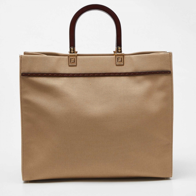 Pre Owned Fendi Beige/Brown Canvas and Leather Medium Sunshine Tote