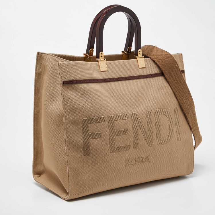 Pre Owned Fendi Beige/Brown Canvas and Leather Medium Sunshine Tote