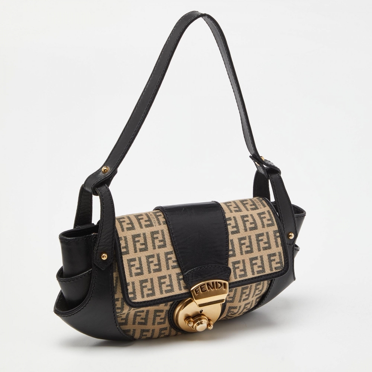 Pre Owned Fendi Beige/Black Zucchino Canvas and Leather Compilation Baguette Bag