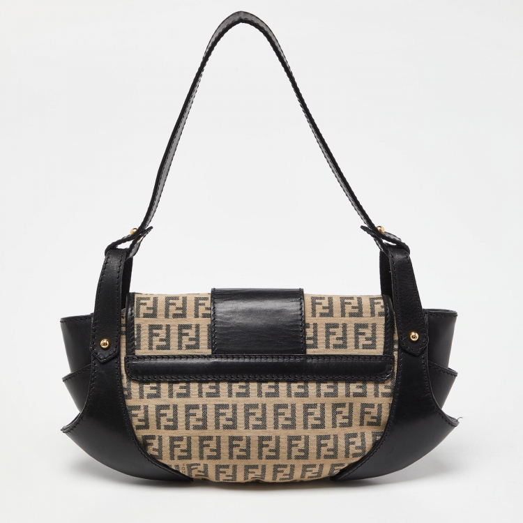 Pre Owned Fendi Beige/Black Zucchino Canvas and Leather Compilation Baguette Bag