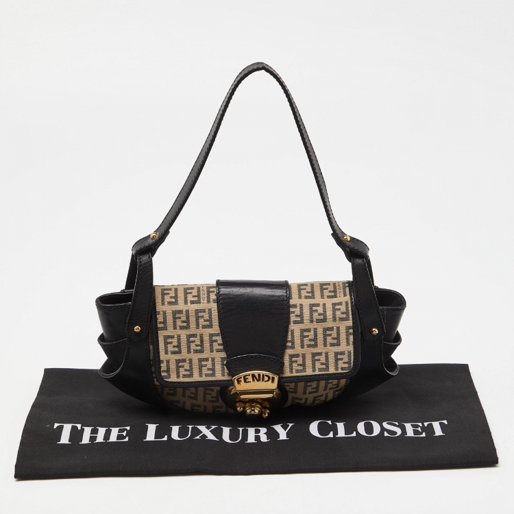 Pre Owned Fendi Beige/Black Zucchino Canvas and Leather Compilation Baguette Bag