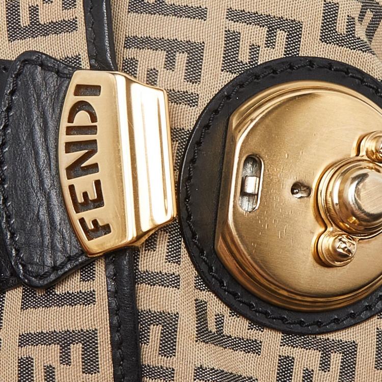Pre Owned Fendi Beige/Black Zucchino Canvas and Leather Compilation Baguette Bag