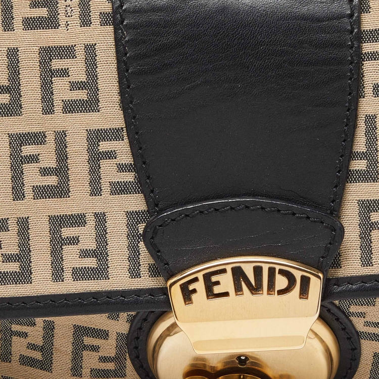 Pre Owned Fendi Beige/Black Zucchino Canvas and Leather Compilation Baguette Bag