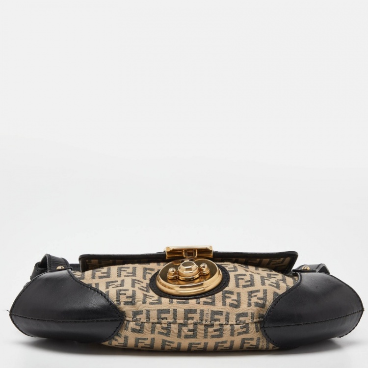 Pre Owned Fendi Beige/Black Zucchino Canvas and Leather Compilation Baguette Bag