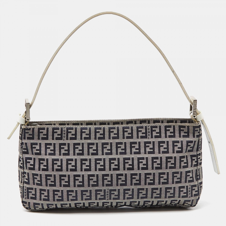 Pre Owned Fendi Navy Blue/White Zucchino Fabric and Leather Pochette Bag