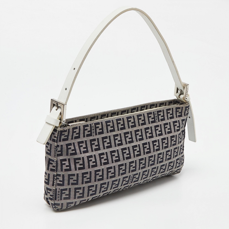 Pre Owned Fendi Navy Blue/White Zucchino Fabric and Leather Pochette Bag