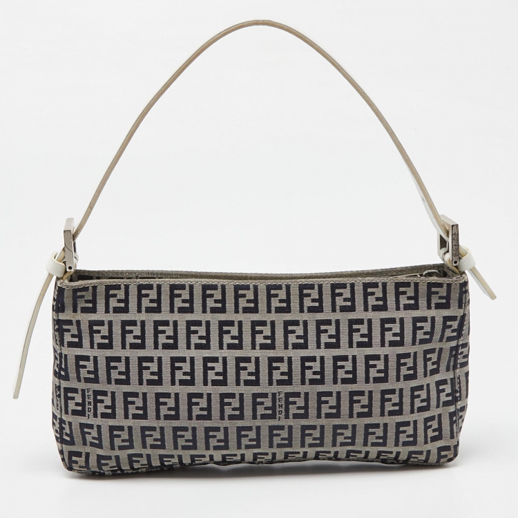 Pre Owned Fendi Navy Blue/White Zucchino Fabric and Leather Pochette Bag