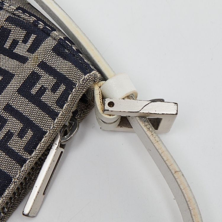 Pre Owned Fendi Navy Blue/White Zucchino Fabric and Leather Pochette Bag