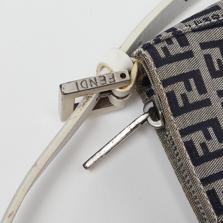 Pre Owned Fendi Navy Blue/White Zucchino Fabric and Leather Pochette Bag