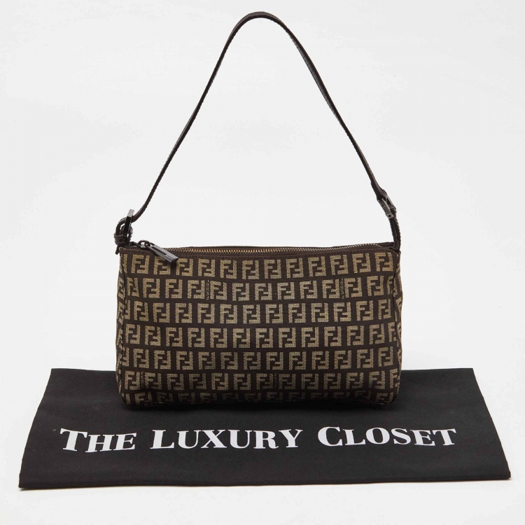 Pre Owned Fendi Dark Brown Zucchino Fabric and Leather Pochette Bag