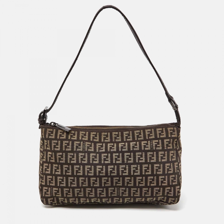 Pre Owned Fendi Dark Brown Zucchino Fabric and Leather Pochette Bag