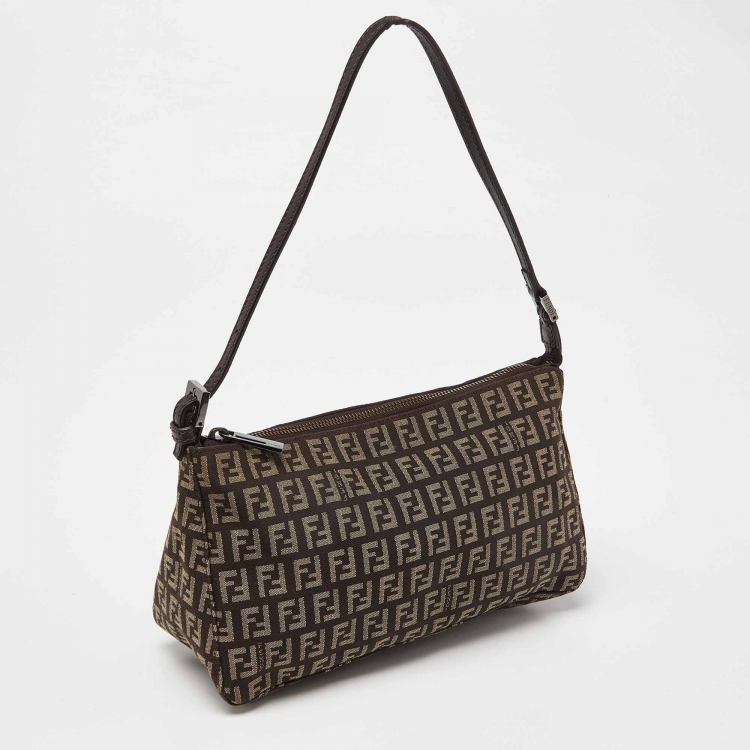 Pre Owned Fendi Dark Brown Zucchino Fabric and Leather Pochette Bag