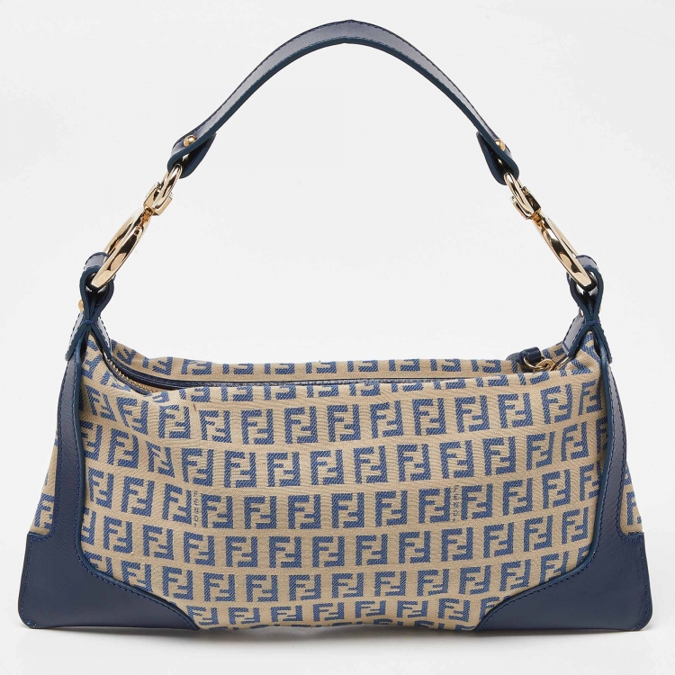 Pre Owned Fendi Blue/Cream Zucchino Fabric and Leather Chef Baguette Bag