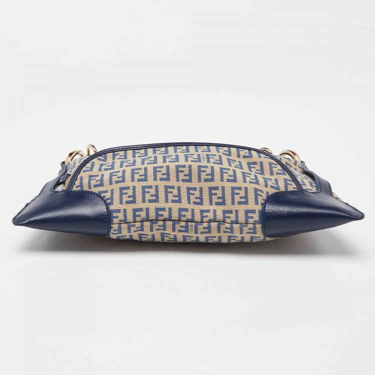 Pre Owned Fendi Blue/Cream Zucchino Fabric and Leather Chef Baguette Bag