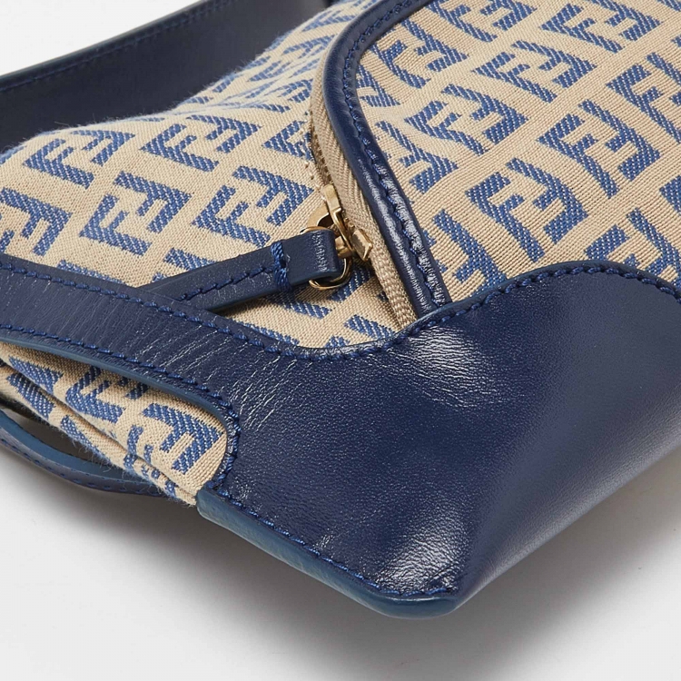 Pre Owned Fendi Blue/Cream Zucchino Fabric and Leather Chef Baguette Bag