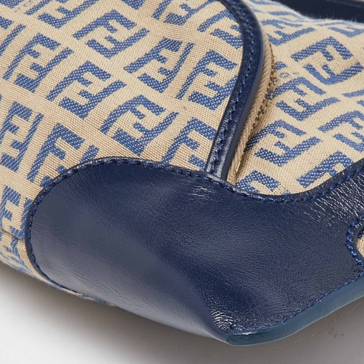 Pre Owned Fendi Blue/Cream Zucchino Fabric and Leather Chef Baguette Bag