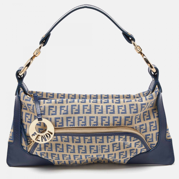 Pre Owned Fendi Blue/Cream Zucchino Fabric and Leather Chef Baguette Bag