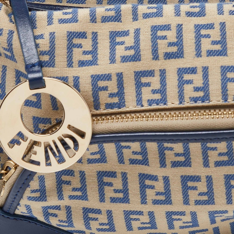 Pre Owned Fendi Blue/Cream Zucchino Fabric and Leather Chef Baguette Bag