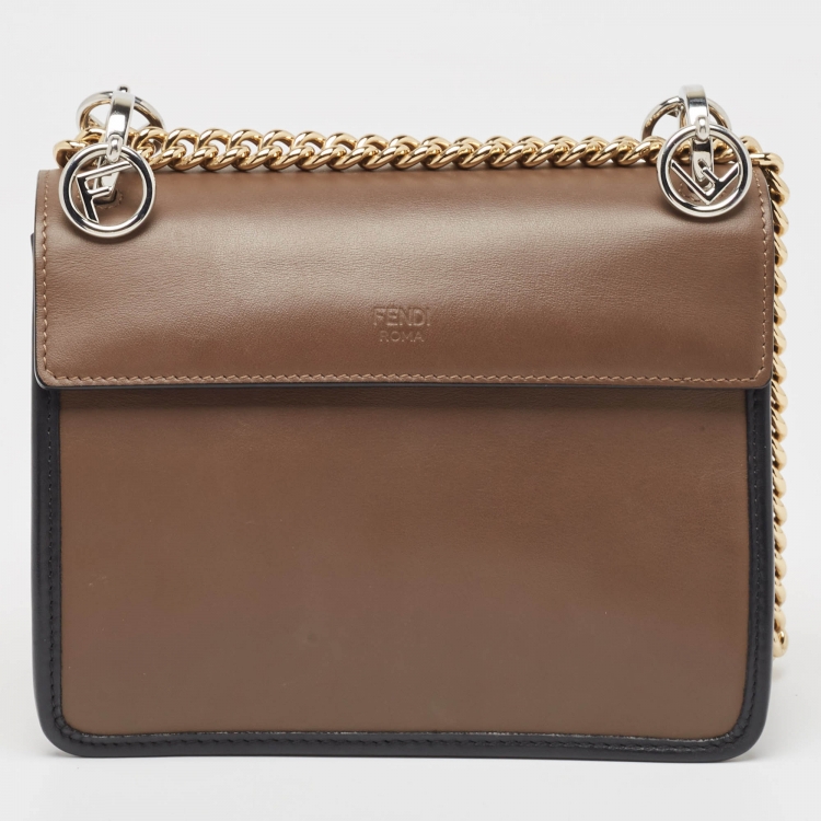Pre Owned Fendi Tobacco/Black Zucca Embossed Leather Mini Kan I F Shoulder Bag