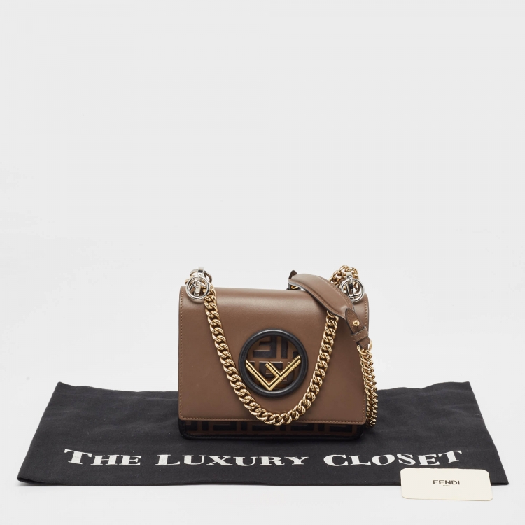 Pre Owned Fendi Tobacco/Black Zucca Embossed Leather Mini Kan I F Shoulder Bag