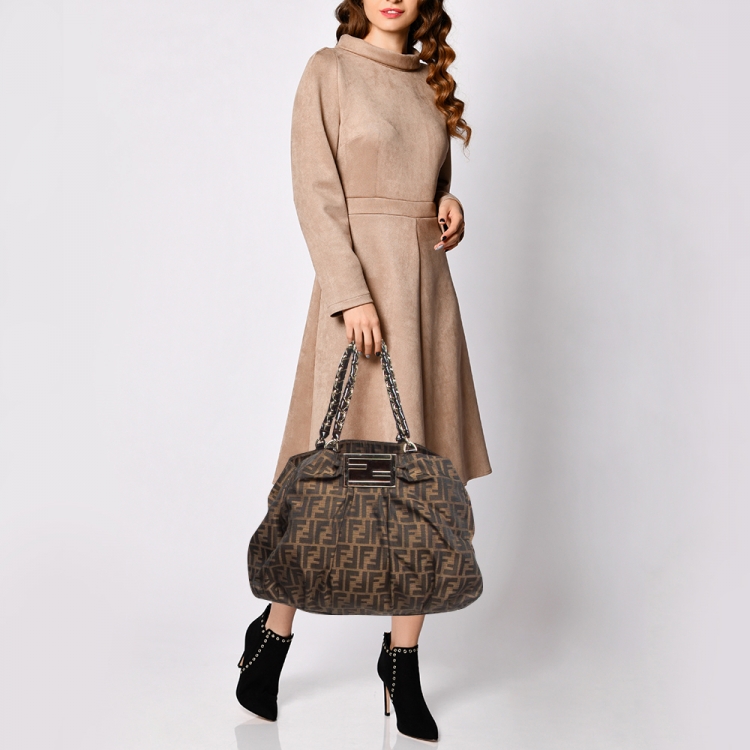 Pre Owned Fendi Tobacco Zucca Canvas and Patent Leather Large Mia Bag