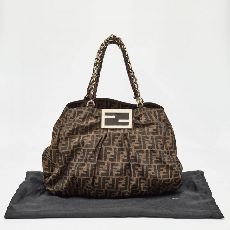 Pre Owned Fendi Tobacco Zucca Canvas and Patent Leather Large Mia Bag