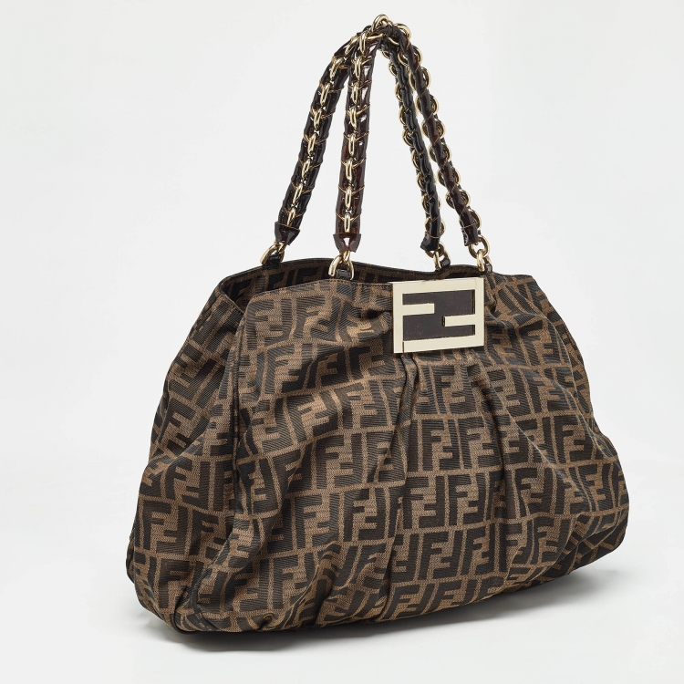 Pre Owned Fendi Tobacco Zucca Canvas and Patent Leather Large Mia Bag