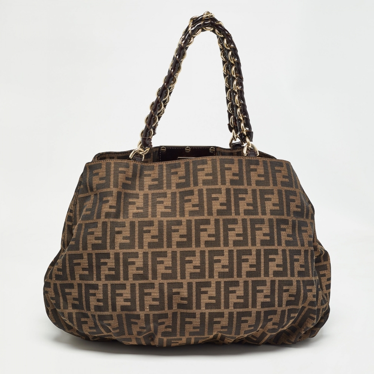 Pre Owned Fendi Tobacco Zucca Canvas and Patent Leather Large Mia Bag