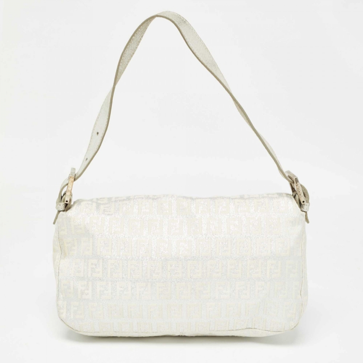Pre Owned Fendi Silver/White Zucchino Canvas and Leather Forever Baguette Bag