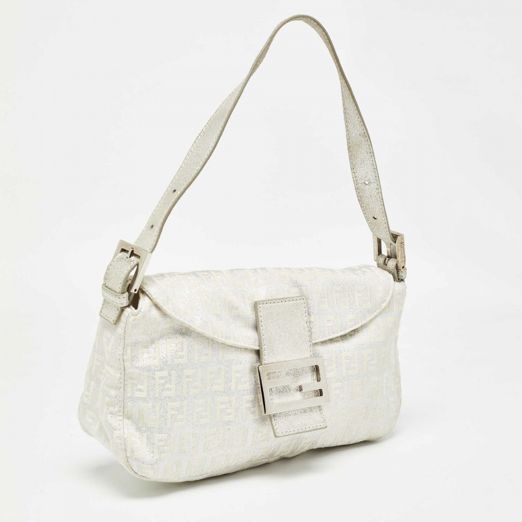 Pre Owned Fendi Silver/White Zucchino Canvas and Leather Forever Baguette Bag