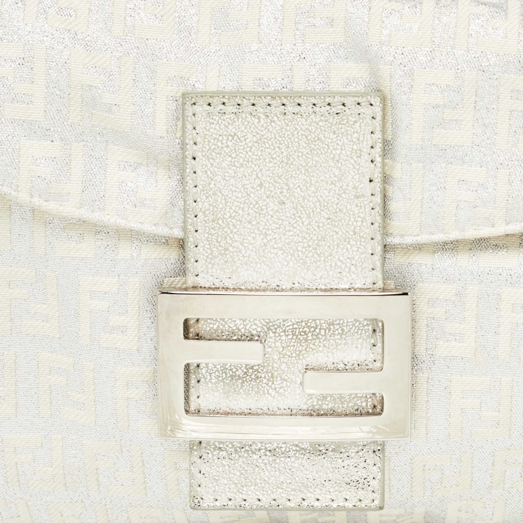 Pre Owned Fendi Silver/White Zucchino Canvas and Leather Forever Baguette Bag
