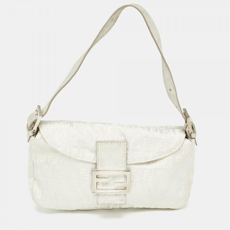 Pre Owned Fendi Silver/White Zucchino Canvas and Leather Forever Baguette Bag