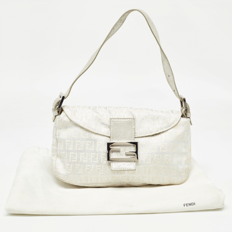 Pre Owned Fendi Silver/White Zucchino Canvas and Leather Forever Baguette Bag