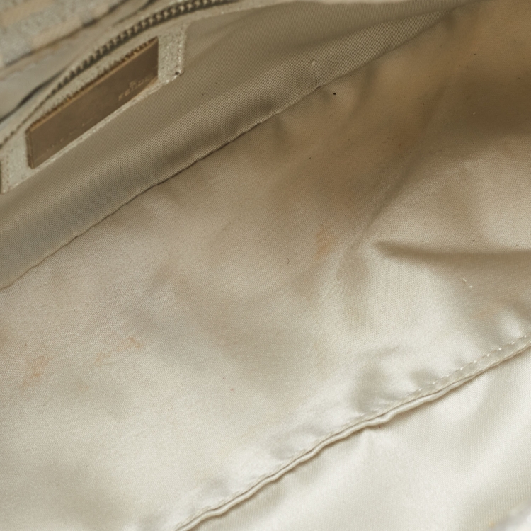 Pre Owned Fendi Silver/White Zucchino Canvas and Leather Forever Baguette Bag