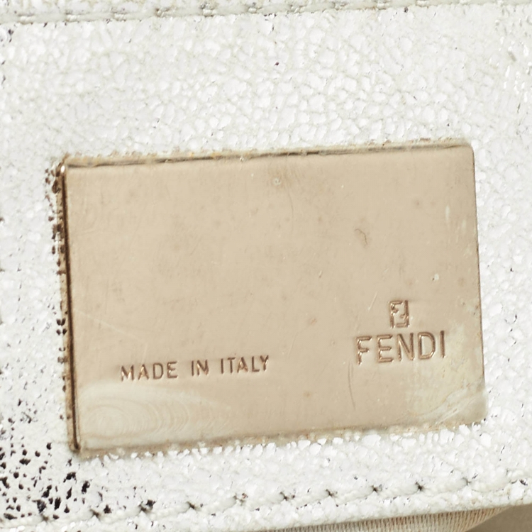 Pre Owned Fendi Silver/White Zucchino Canvas and Leather Forever Baguette Bag