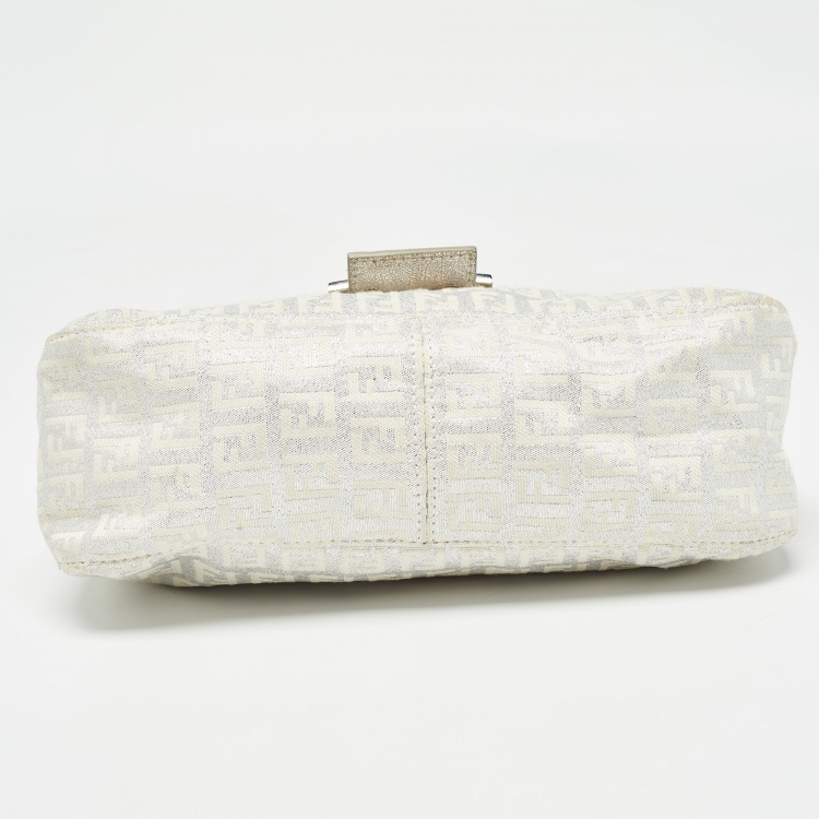 Pre Owned Fendi Silver/White Zucchino Canvas and Leather Forever Baguette Bag