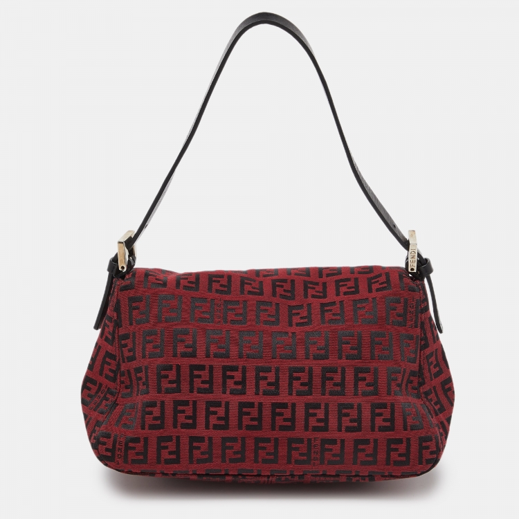 Pre Owned Fendi Red Zucchino Canvas and Leather Mama Baguette Bag