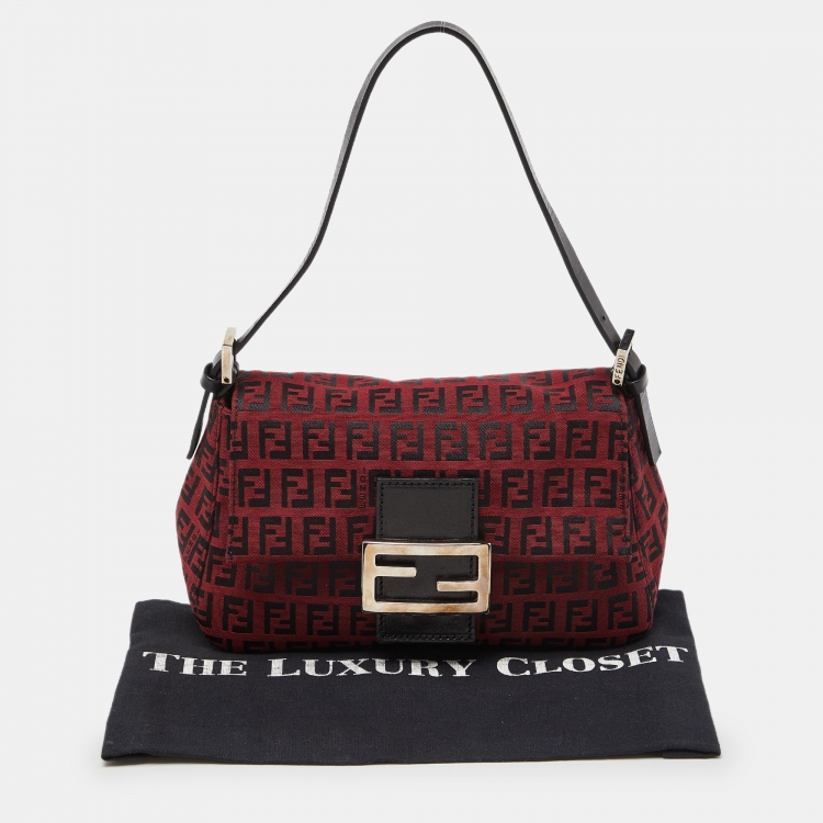 Pre Owned Fendi Red Zucchino Canvas and Leather Mama Baguette Bag