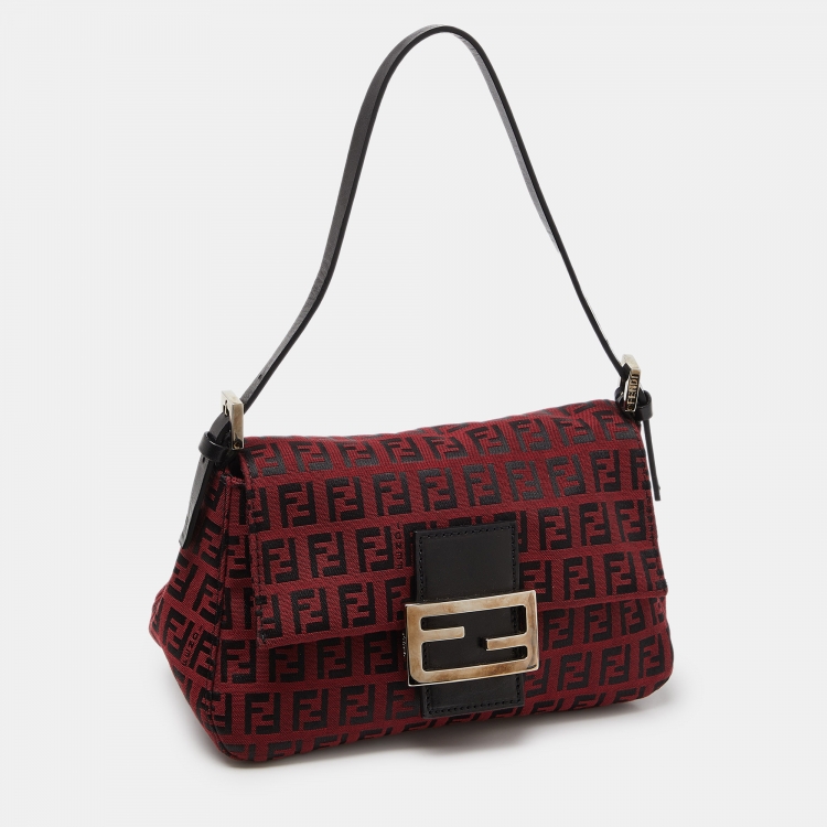 Pre Owned Fendi Red Zucchino Canvas and Leather Mama Baguette Bag
