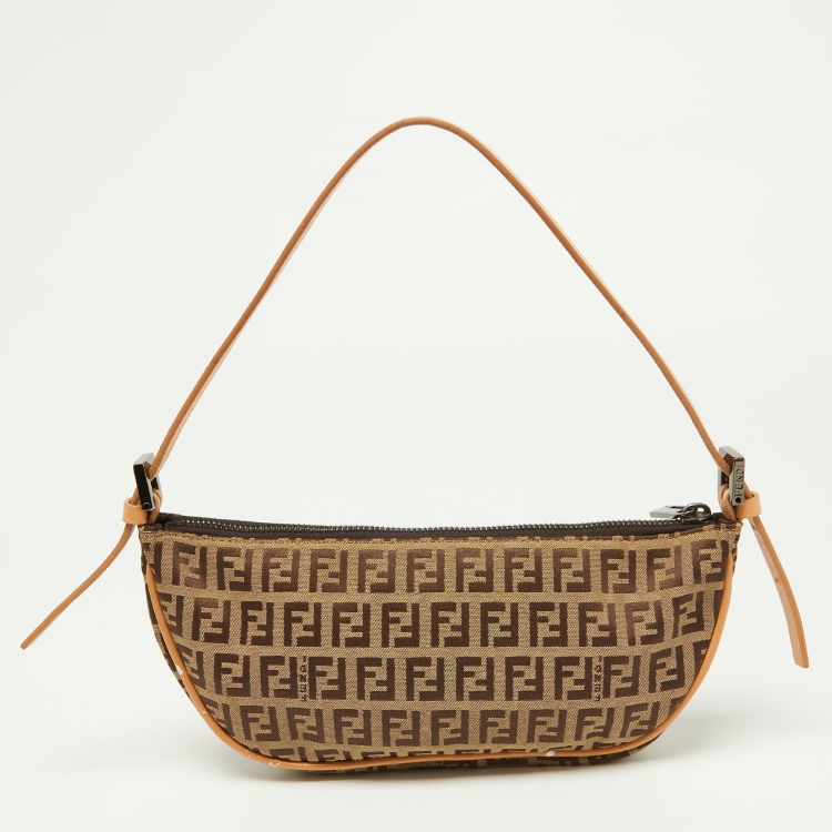 Pre Owned Fendi Tobacco Zucca Canvas and Leather Half Moon Pochette 
