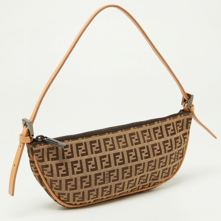Pre Owned Fendi Tobacco Zucca Canvas and Leather Half Moon Pochette 