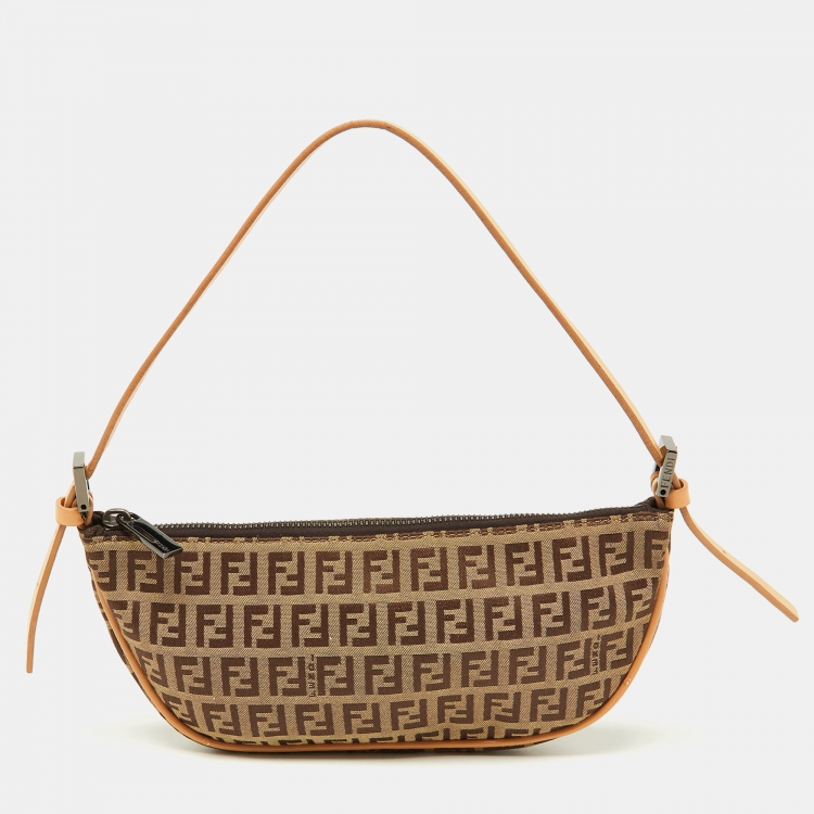 Pre Owned Fendi Tobacco Zucca Canvas and Leather Half Moon Pochette 