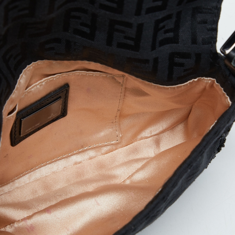 Pre Owned Fendi Black Zucchino Canvas and Leather Beads Embellished Baguette Bag